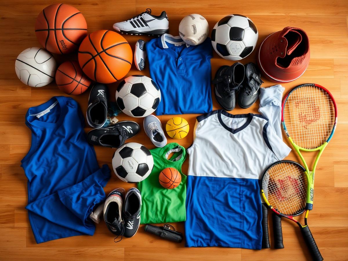 Overhead view of donated sports equipment: balls, cleats, jerseys, rackets