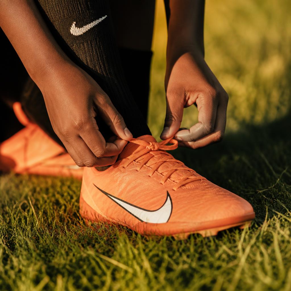 A young athlete lacing up bright orange cleats on a grass field